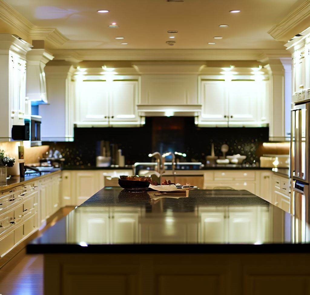 cocina sofisticada con encimeras de granito oscuro iluminadas por luces empotradas