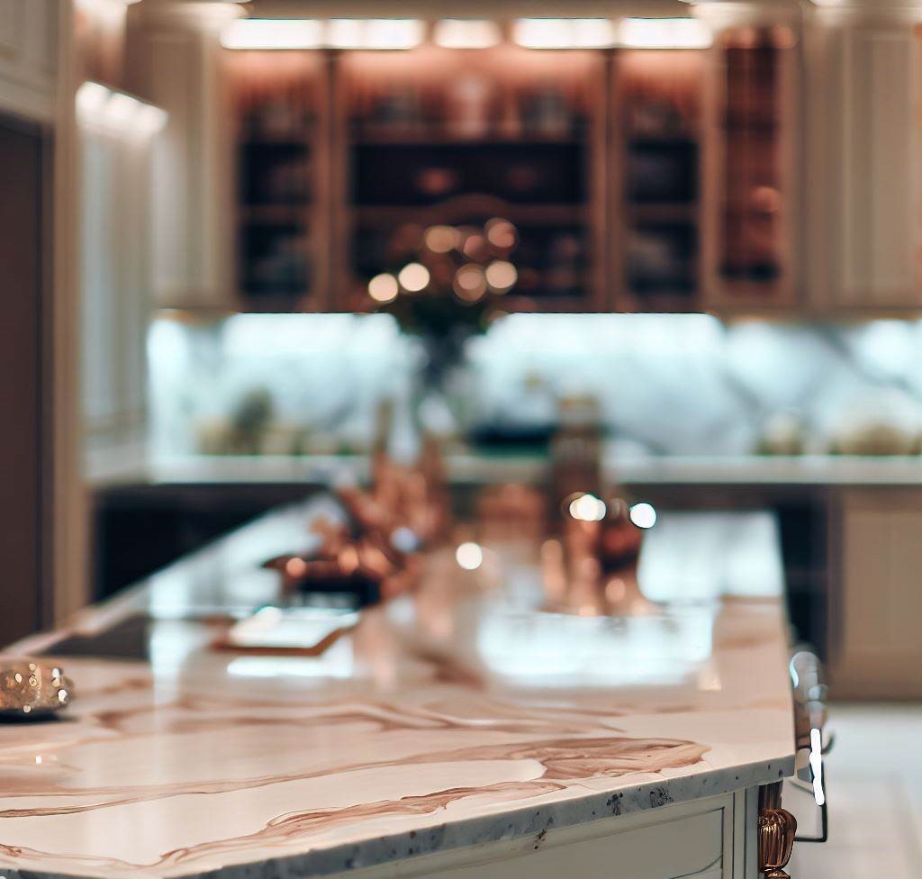 cocina elegante que exhibe una lujosa encimera de mármol adornada con sutiles detalles en oro rosa