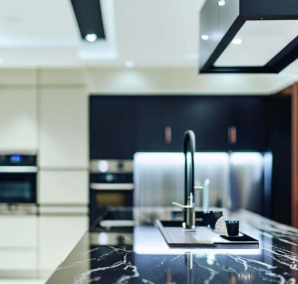 cocina moderna y lujosa que exhibe una encimera de mármol negro complementada con elegantes accesorios negros