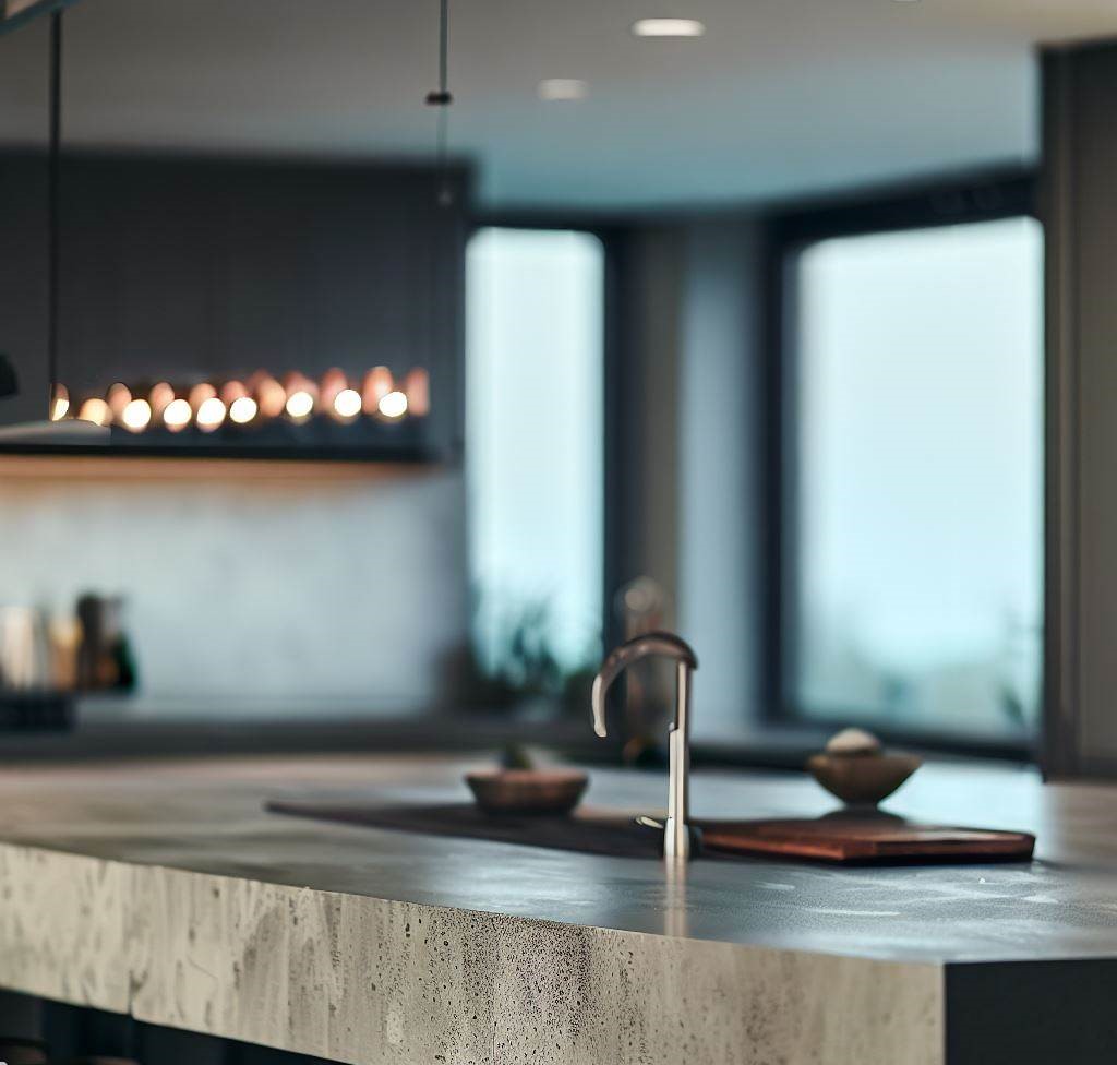 cocina moderna que cuenta con una elegante encimera de concreto con un acabado texturizado único